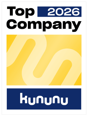 A rectangular badge with Top Company 2026 at the top, a yellow background with abstract lines in the middle, and kununu in white text on a blue bar at the bottom.