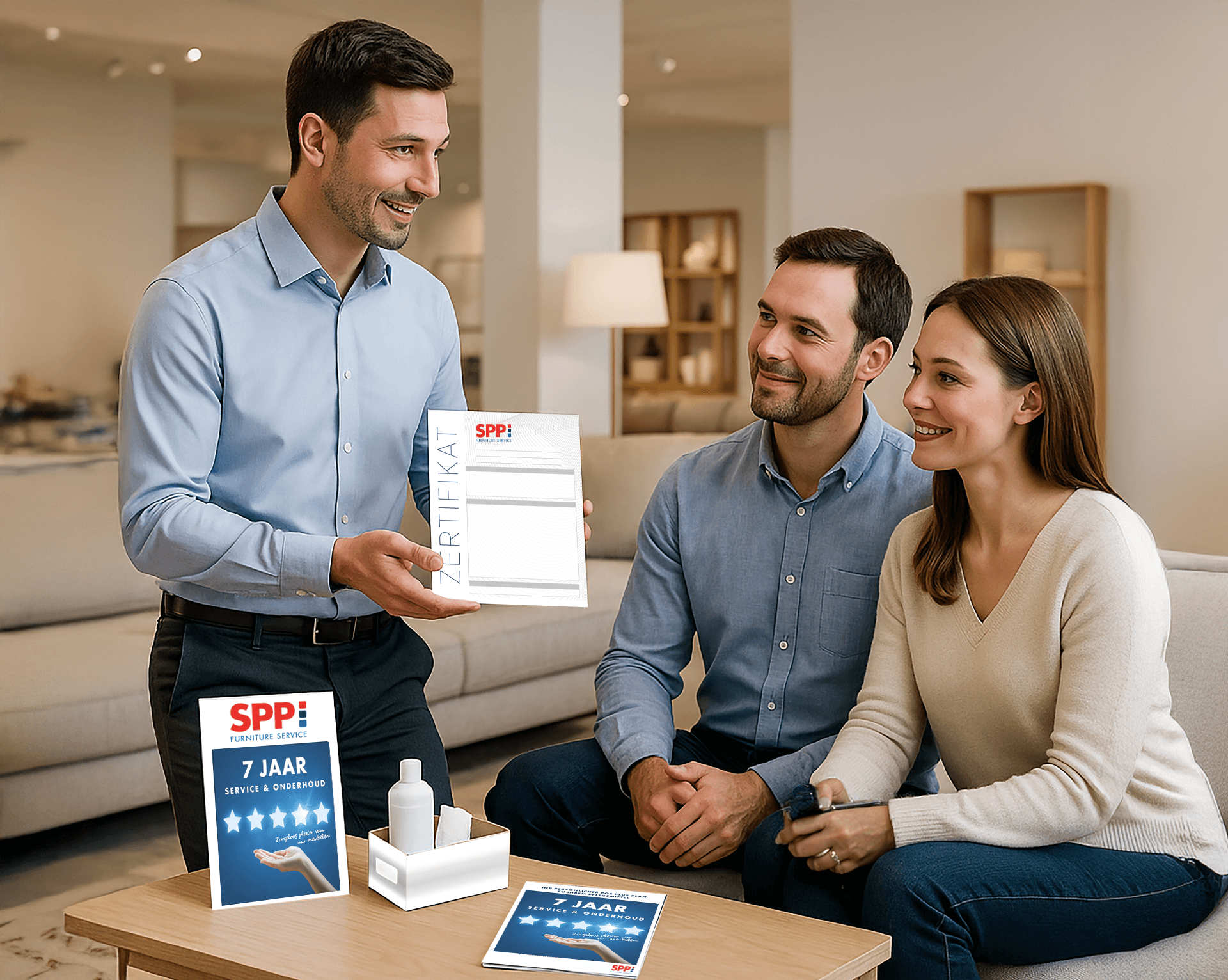 Een verkoper toont een certificaat aan een glimlachend stel dat op een bank zit. Op tafel liggen brochures, een display met "7 JAAR" en sterren, en een klein flesje, wat duidt op een gesprek over een service- of productgarantie.