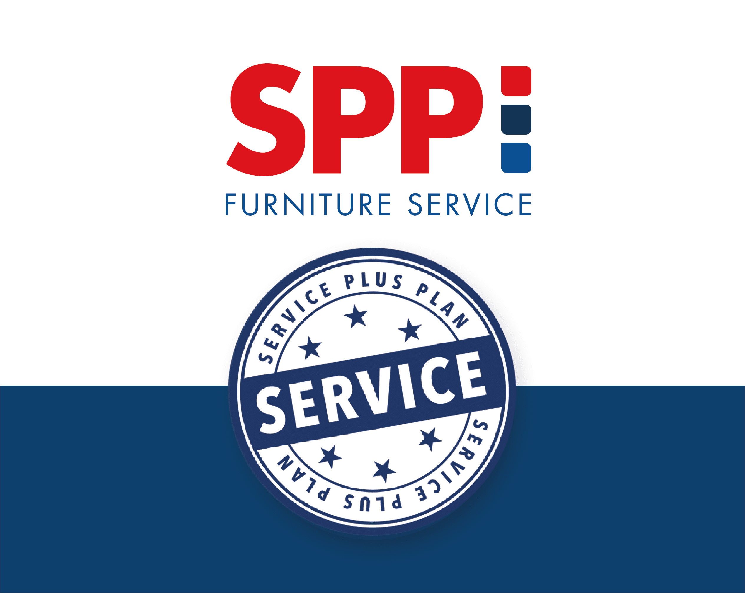 Logo voor SPP Furniture Service met SPP in dikke rode letters en Furniture Service eronder. Daaronder staat een blauw-witte ronde badge met in het midden Service Plus Plan en Service met sterren.