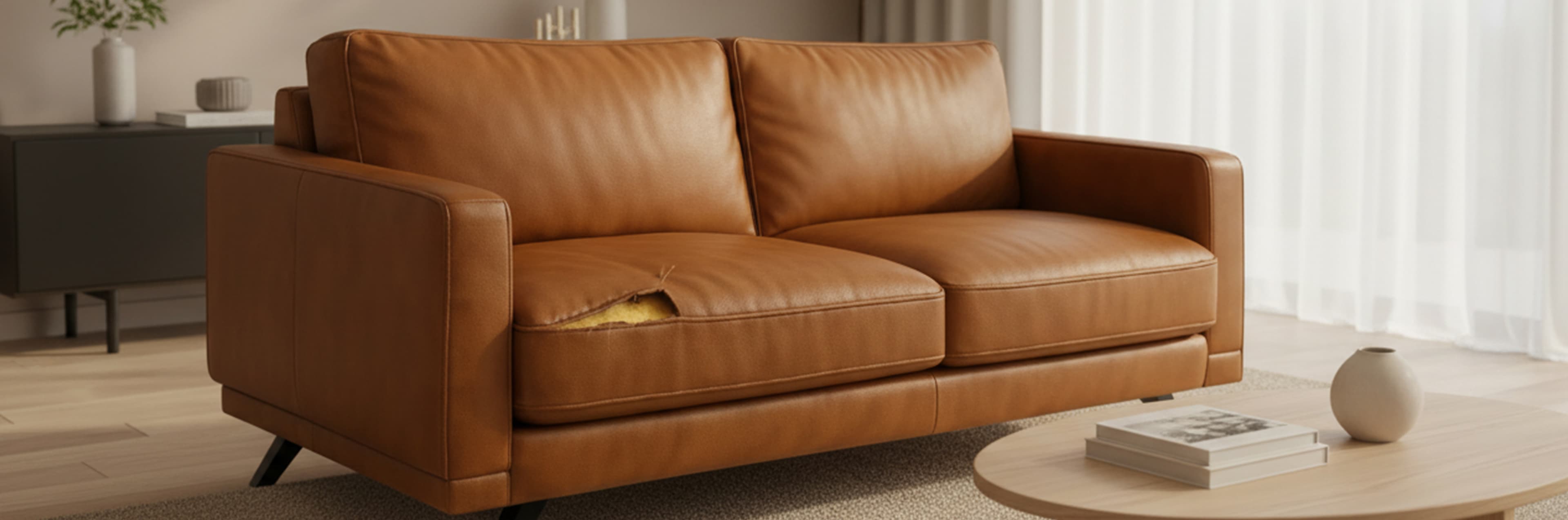 Een bruine leren bank met een zichtbare scheur op het linker zitkussen staat in een moderne woonkamer naast een lichte houten salontafel met een kleine vaas en twee boeken. Witte gordijnen laten natuurlijk licht binnen.