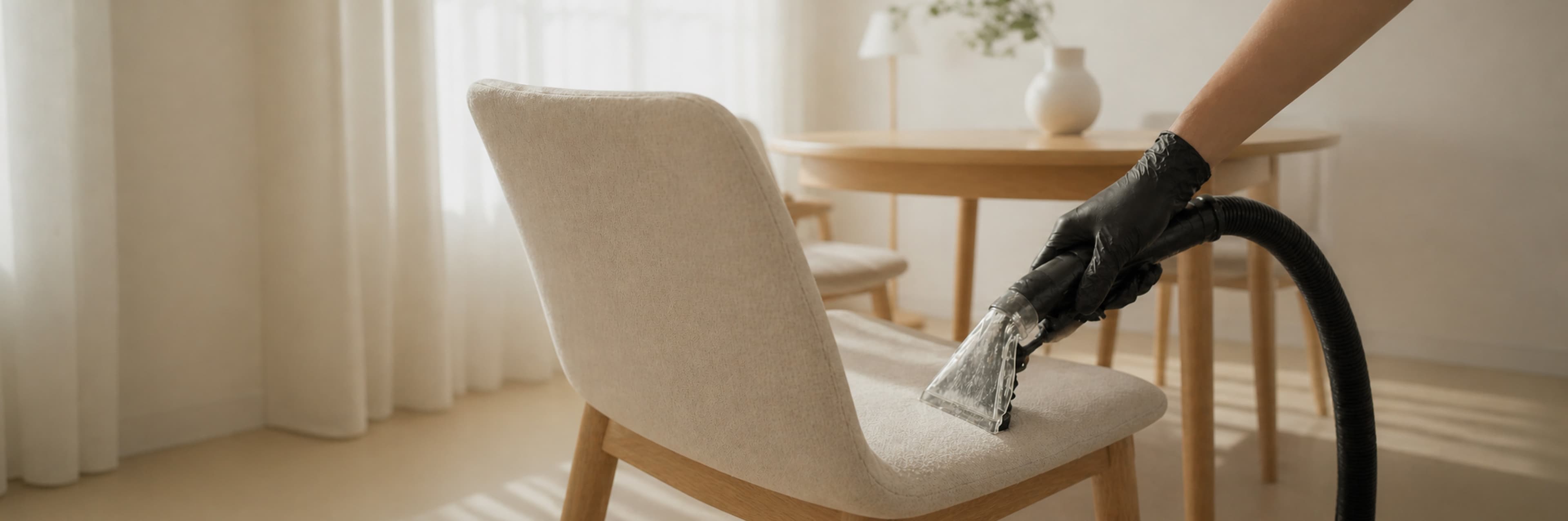 Een persoon met zwarte handschoenen gebruikt een stofzuigerhulpstuk om een lichtgekleurde gestoffeerde stoel schoon te maken in een lichte, minimalistische eetkamer.