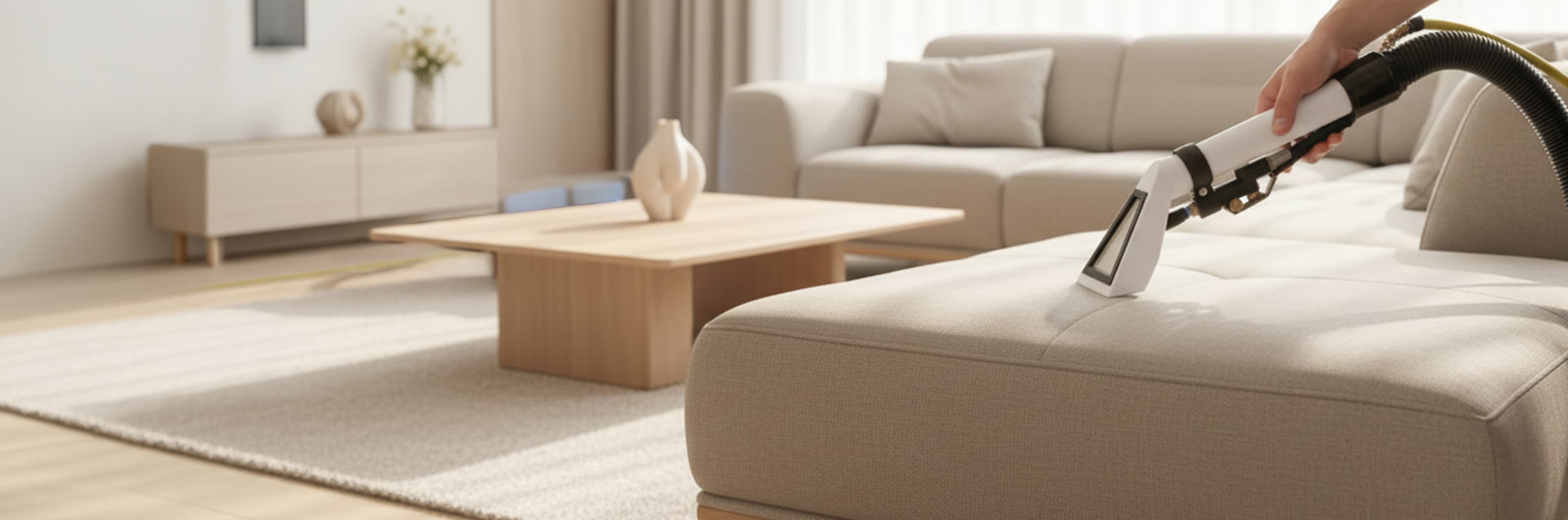 Iemand gebruikt een stofzuiger om een lichtgekleurde bank schoon te maken in een lichte, moderne woonkamer met neutrale meubels en inrichting.