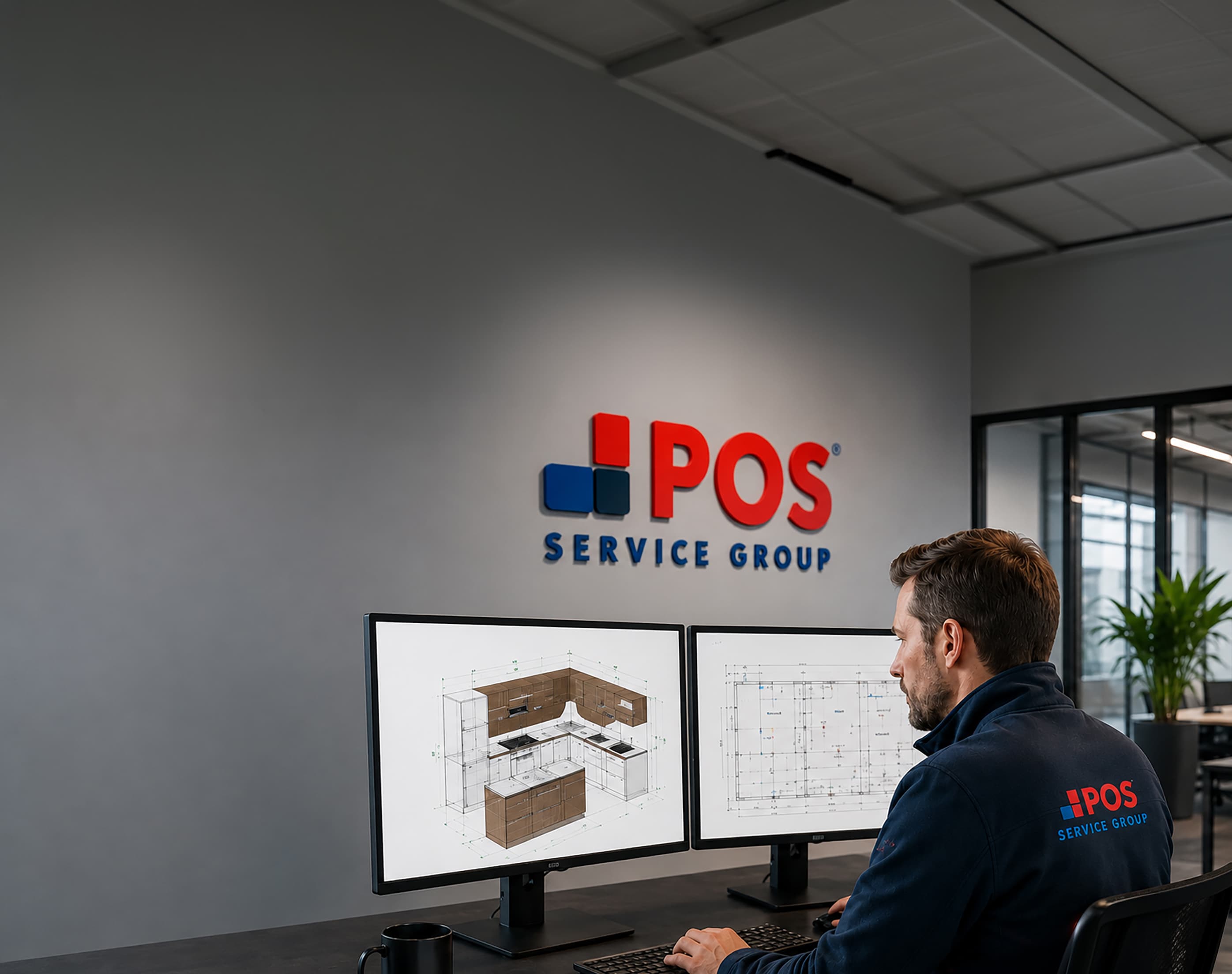 Ein Mann in einer Jacke der POS Service Group arbeitet an einem Schreibtisch mit zwei Monitoren, auf denen Architekturentwürfe zu sehen sind, in einem modernen Büro.