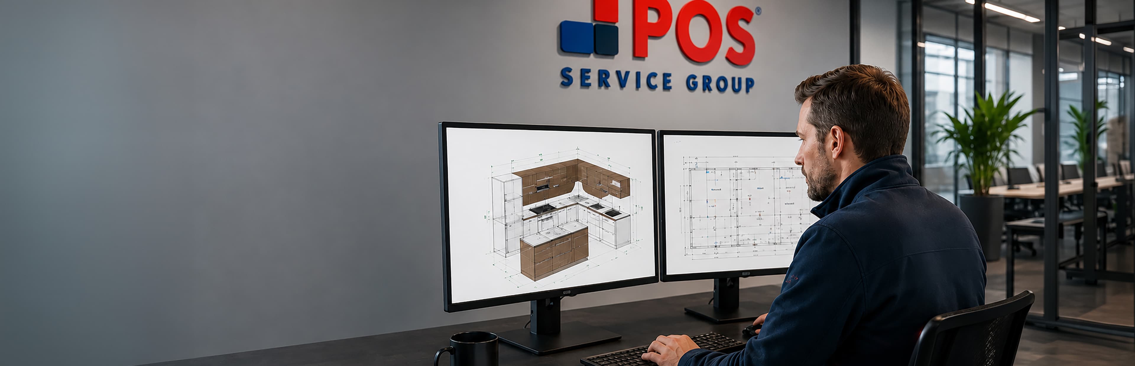Ein Mann sitzt an einem Schreibtisch und arbeitet an zwei Monitoren, auf denen Architekturzeichnungen zu sehen sind, in einem modernen Büro, an dessen Wand das Logo der POS Service Group prangt.