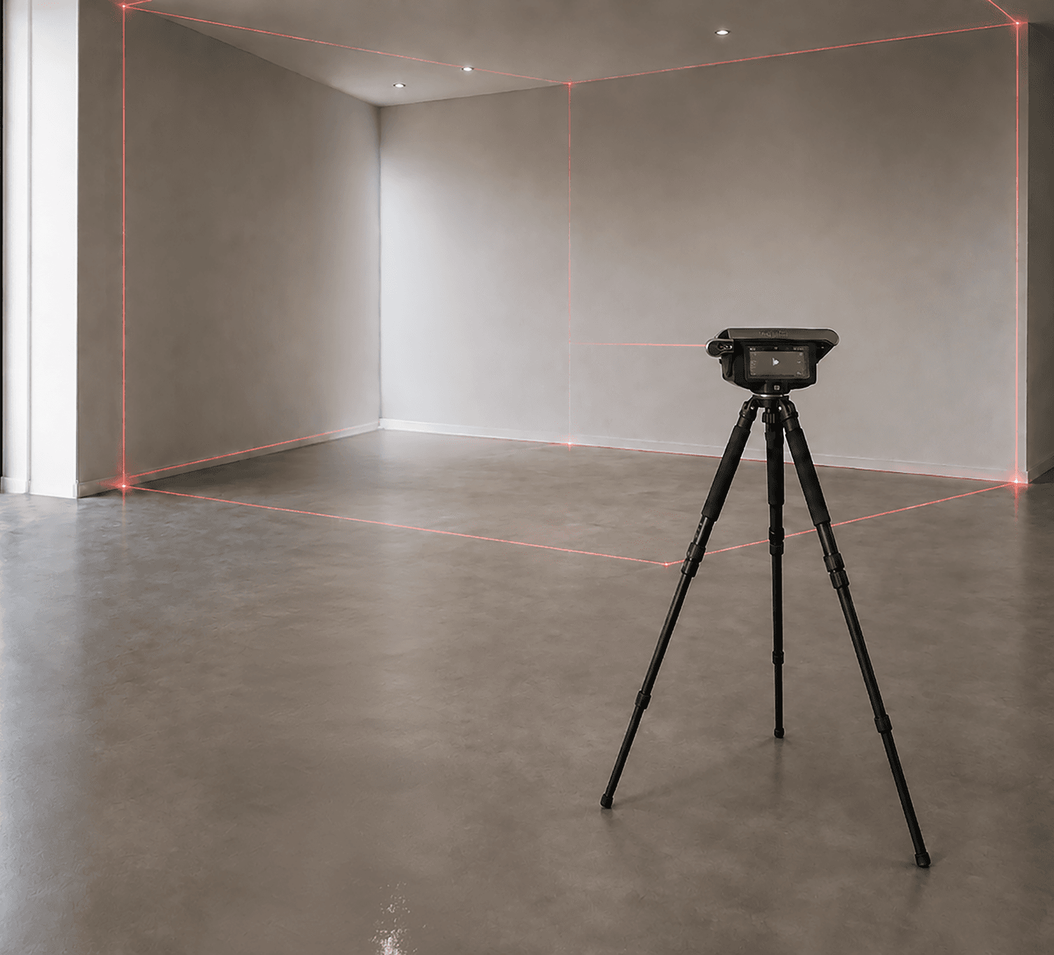 Ein Laserscanner auf einem Stativ steht in einem leeren, grauen Raum und projiziert rote Laserlinien an Wände, Boden und Decke, um die Abmessungen des Raums zu erfassen.