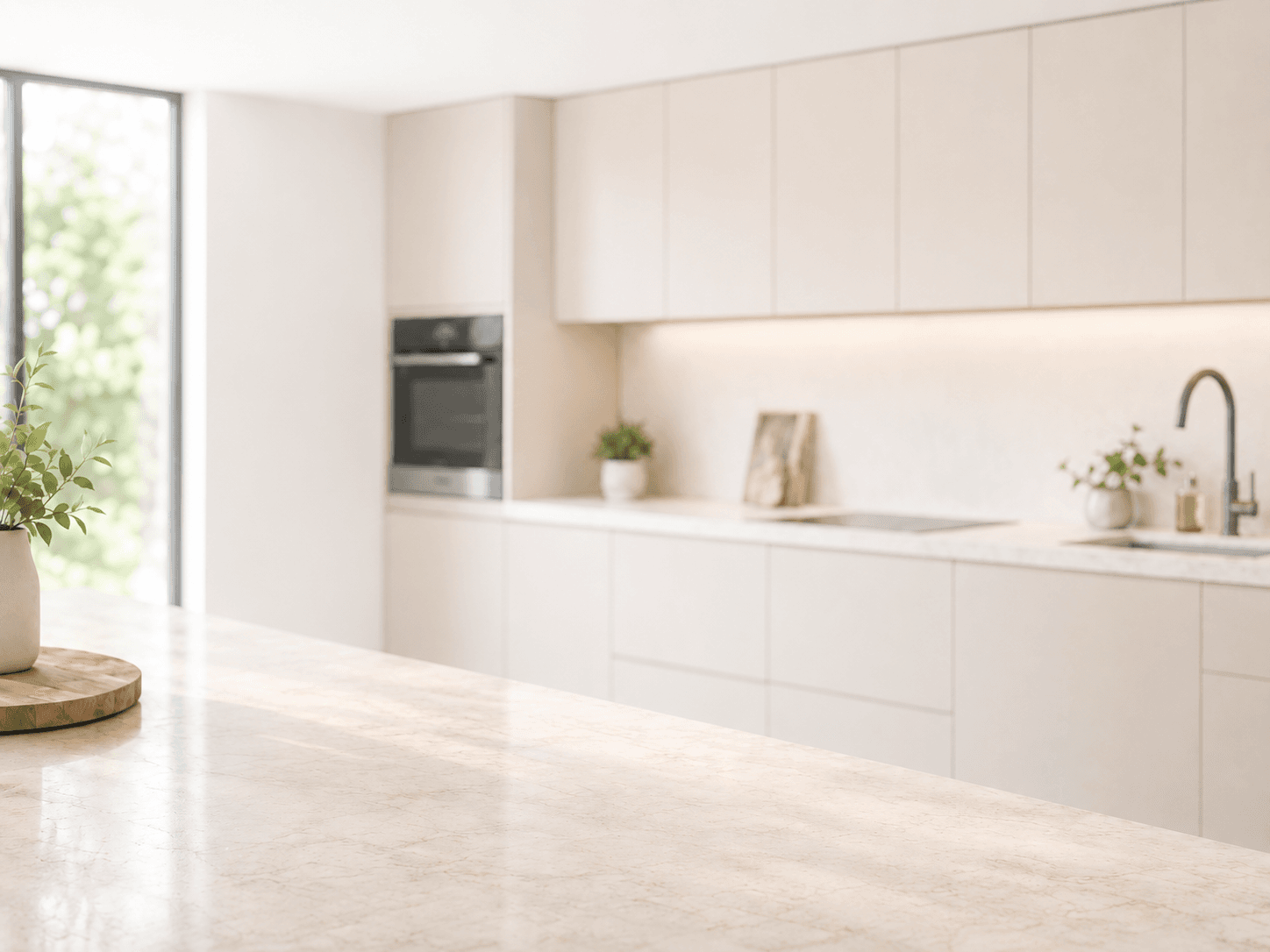 Minimalistische Küche mit hellbeigen Schränken, Marmorarbeitsplatte, Einbaubackofen, Spüle und Pflanzen auf der Arbeitsplatte. Durch ein großes Fenster auf der linken Seite fällt Sonnenlicht herein und schafft eine helle, klare Atmosphäre.