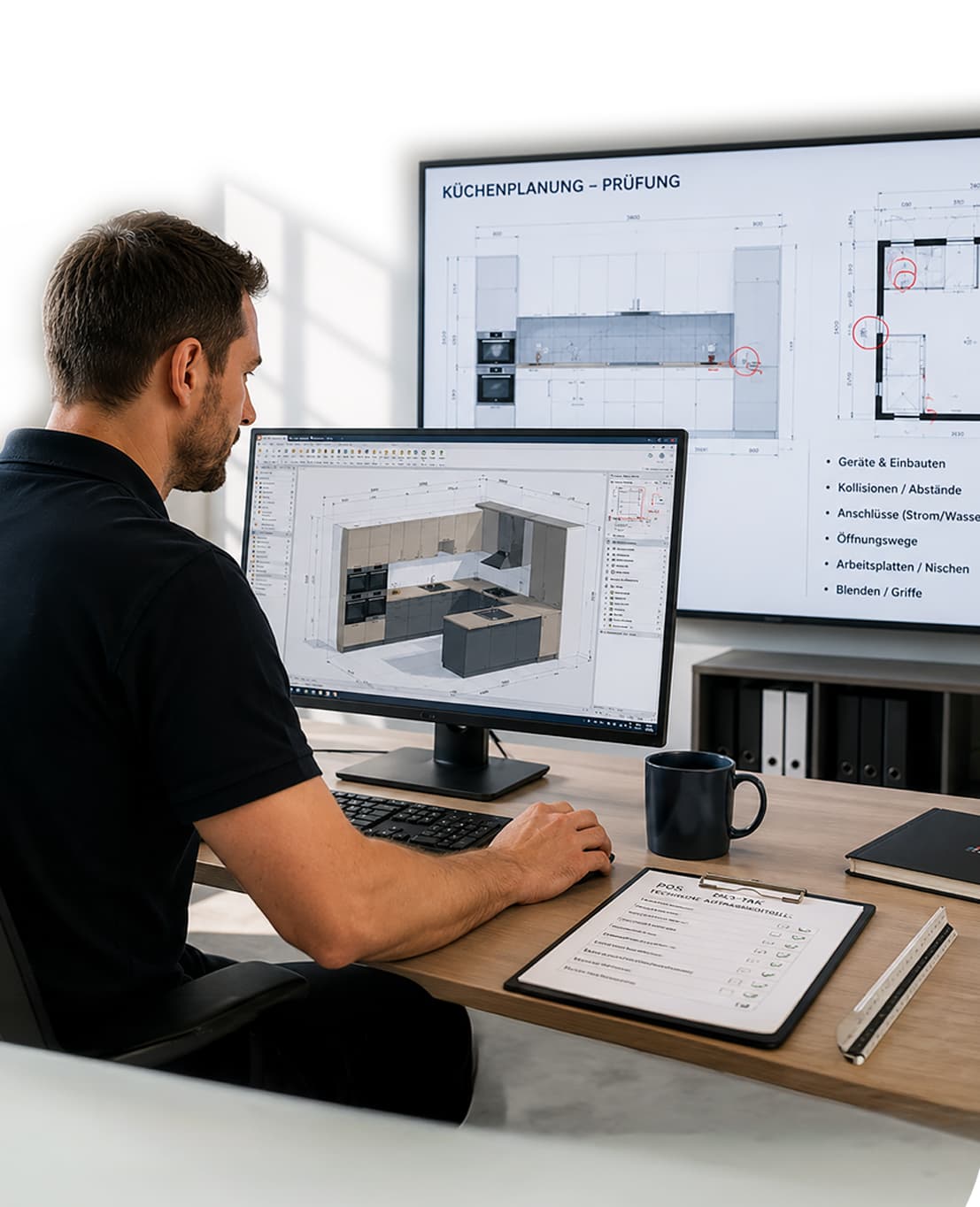 Ein Mann sitzt an einem Schreibtisch und entwirft am Computer einen Küchengrundriss. Auf dem Schreibtisch stehen ein großer Monitor und ein Klemmbrett mit Notizen. Auf einem großen Bildschirm hinter ihm werden die Entwürfe für die Küche angezeigt.