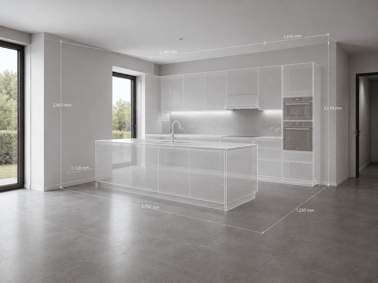 Minimalistische Küche mit grauem Fliesenboden, großen Fenstern und modernen weißen Schränken. Transparente Linien und Maße überlagern den Raum und zeigen die Abmessungen der Küche in Millimetern an.